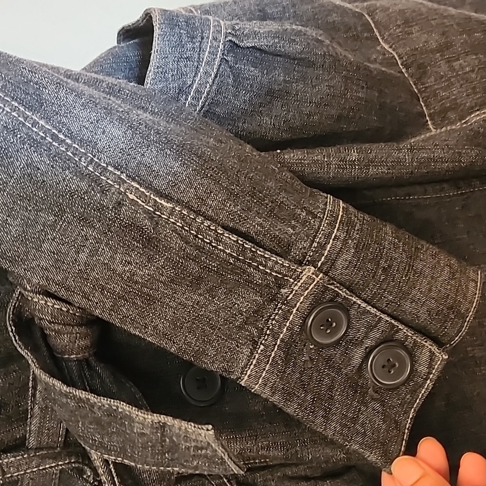 French Cuff Blue Demin Jeans Cotton Belt Pocket Trench Coat Jacket Women's Sz L - Picture 4 of 9